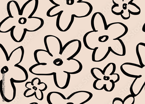 Simple nature floral vector background. Seamless pattern with hand drawn daisy flowers. Line art. Contour drawing. Fashion design for your textile and fabric, wrapping, any surface.