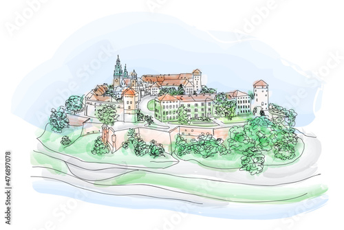 Poland. Skyline panorama of Cracow old city with Wawel Hill, Cathedral, Royal Wawel Castle, defensive walls, park, promenade © Aleksandra