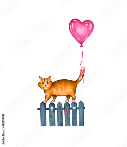 Watercolor funny red kitten on the fence with a heart ball isolated on a white background. A Valentine's Day card. Love. March cat. Hand drawn illustration