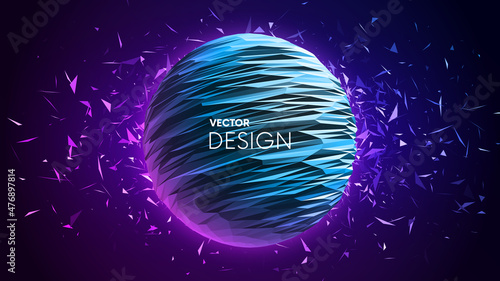 Triangular futuristic sphere in blue and pink neon colors with glowing exploded debris or broken glass on backdrop. Vector background