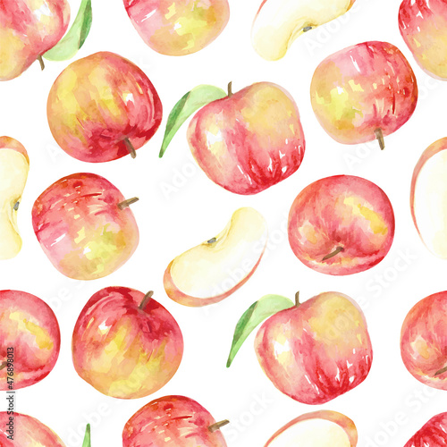 Red apples pattern and slice style watercolor
