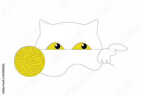 A cat and a ball of yarn for knitting. Handmade sewing sign. Badge, logo, print. Vector illustration, background isolated.