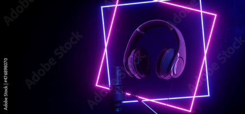 Neon Glowing Red Blue Circle Lights Microphone Closeup Headphones Music Studio Vibrant Electric Synth Wave Club Podcast Performance Show Event Empty Room Shiny Stage Podium Concert 3D Rendering 