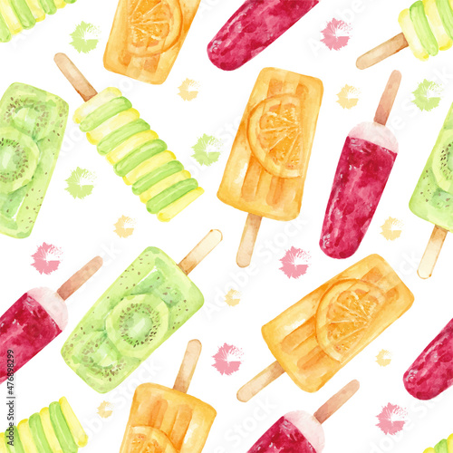 Colorful ice cream popsicle fruits watercolor pattern