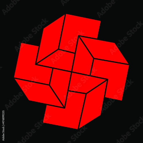 Impossible shapes. Sacred geometry. Optical illusion modern logo. Abstract eternal geometric object. Optical art. Impossible geometry symbol on a black background. Line art. Escher style.