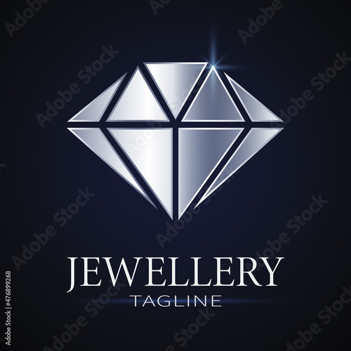 Silver diamond logotype. Luxury, shiny, minimalist design. Best for web, print, logo creating and branding design. Jewelry company concept.