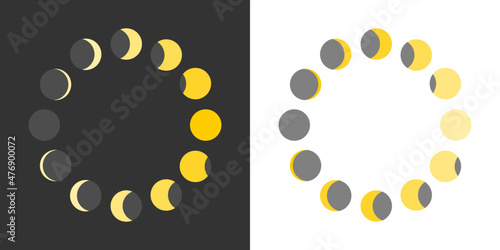 Moon yellow different phases or lunar phases circle on black and white background flat vector design icon.