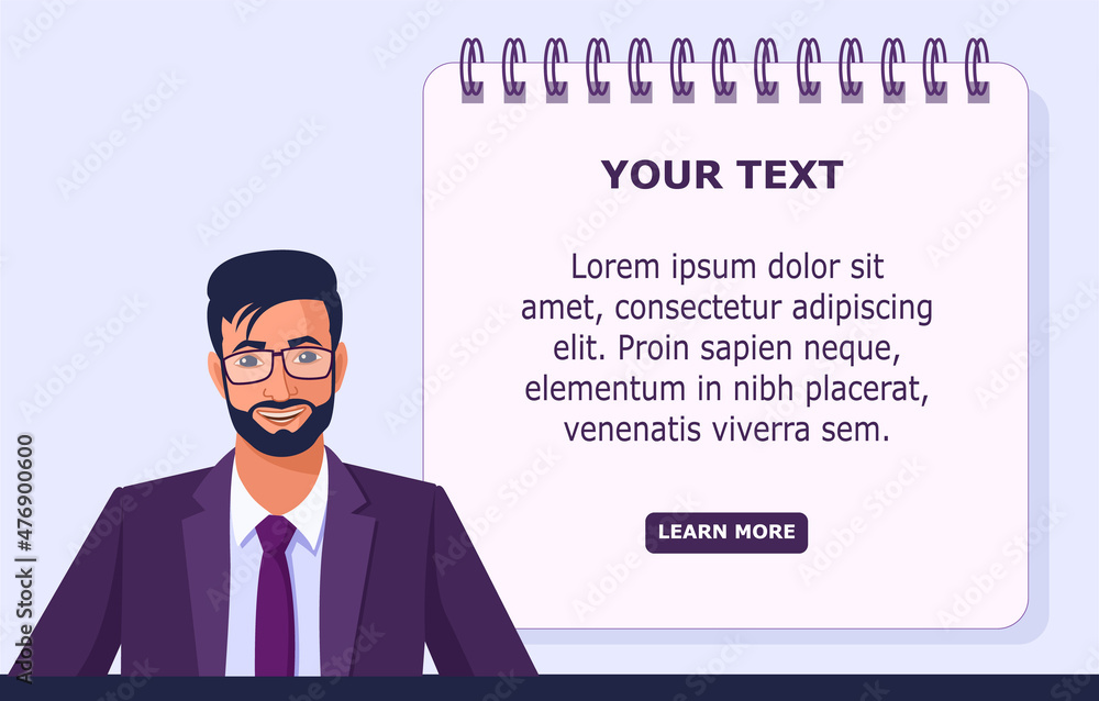 Man Indian businessman in a suit with a tie smiling on the background of a sheet of notepad. Banner with place to insert text. Colored vector illustration. Man Indian businessman in a suit with a tie smiling on the background of a sheet of notepad. Banner with place to insert text. Colored vector illustration.