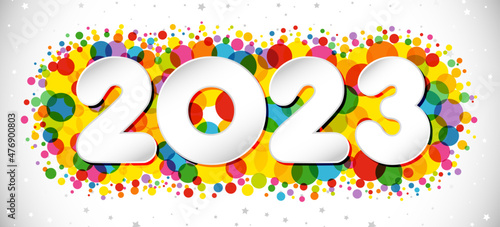 A Happy New Year 2023 congrats. Horizontal logotype concept. Web banner idea. Snowy white backdrop. Abstract isolated graphic design template. Decorative coloured digits. Creative Christmas decoration