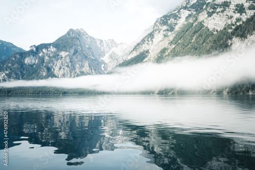 Canvas Reflecting Mountains and Fog in the Water of the Koenigssee (Königssee) in the B