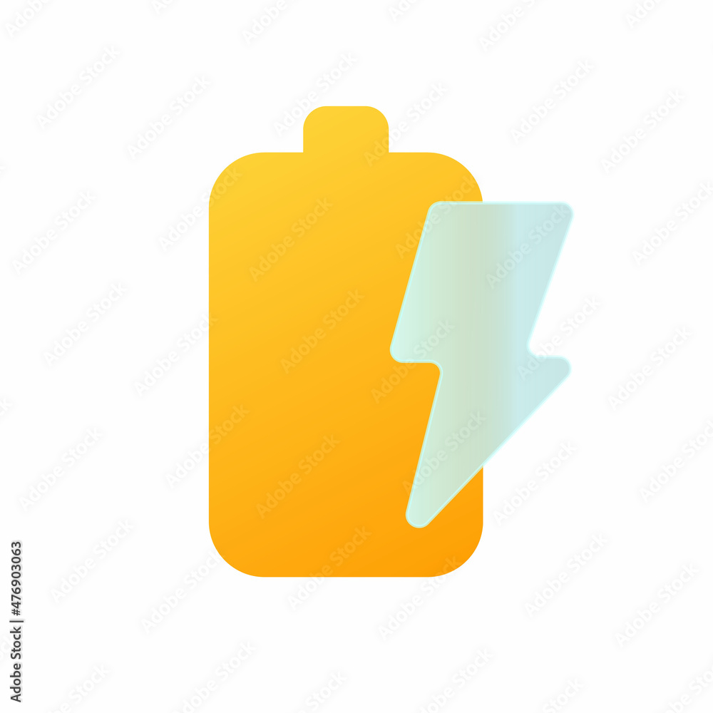 Vector modern trend icon in the style of glassmorphism with gradient, blur and transparency. Battery with lightning symbol and icon Vector modern trend icon in the style of glassmorphism with gradient, blur and transparency. Battery with lightning symbol and icon