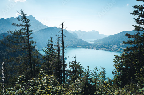 The Lake Atter (Attersee) from a viewpoint at the mount Schoberstein in Austria photo