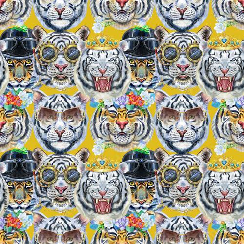 Seamless pattern with the image of a tiger's face. Decor for decoration of textiles or wallpaper.