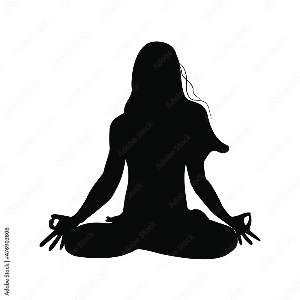 Silhouette of young woman meditating/ practicing yoga. 