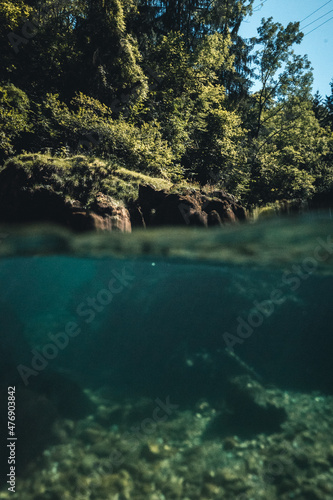 Half water half land picture of Freediver at the Traunfall river in Roitham, Austria