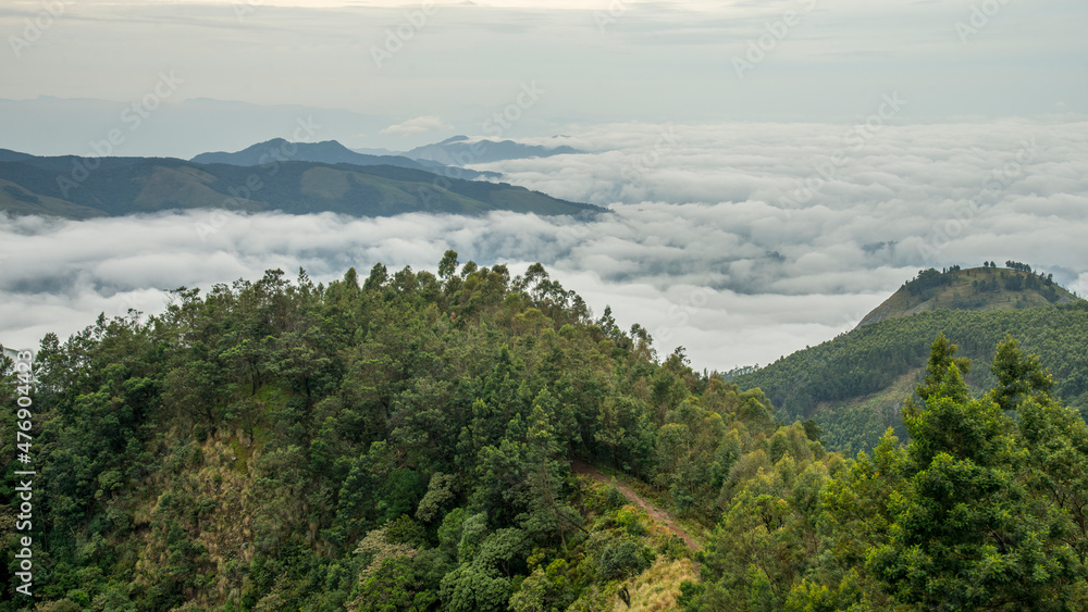 Amazing mountain landscape with clouds, tea estate natural outdoor travel background. Beauty world.