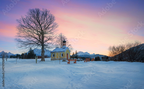 Fotografia, Obraz dreamy sunset scenery, Maria Rast chapel in winter
