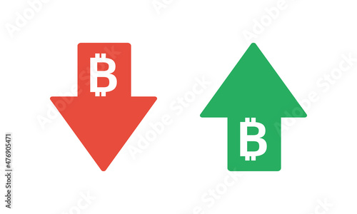 green up and red down arrows with bitcoin crypto currency symbol
