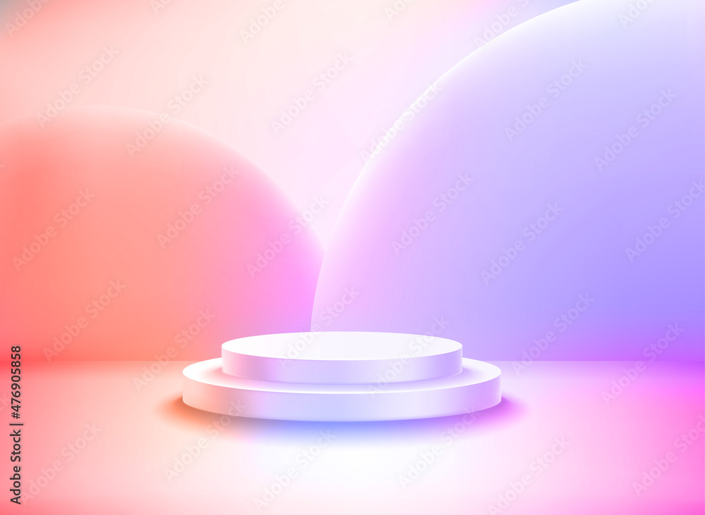 Bright studio with white circle podium and neon glow effect. Vector 3d illustration Bright studio with white circle podium and neon glow effect. Vector 3d illustration