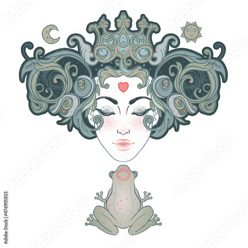 Beautiful princess kisses a frog prince. Vector illustration in art nouveau s...