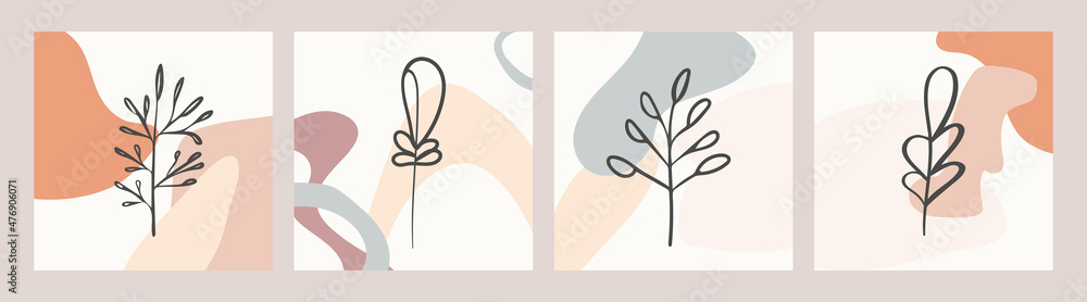 A set of abstract background images with a rounded minimalistic shapes in muted colors and a branch with leaves or a tree. Vector illustration for print, internet, postcard, poster, interior, textile. A set of abstract background images with a rounded minimalistic shapes in muted colors and a branch with leaves or a tree. Vector illustration for print, internet, postcard, poster, interior, textile.