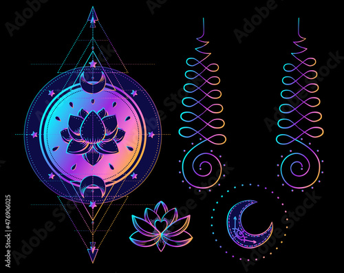 Sacred Geometry and Boo symbol set. Ayurveda sign of harmony and balance. Tat...