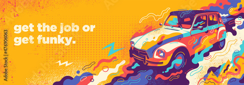 Colorful abstract background design with retro car and various splashing shapes. Vector illustration. 