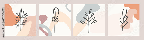 A set of abstract background images with a rounded minimalistic shapes in muted colors and a branch with leaves or a tree. Vector illustration for print  internet  postcard  poster  interior  textile.