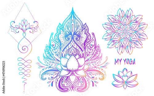 Sacred Geometry and Boo symbol set. Ayurveda sign of harmony and balance. Tattoo design, yoga logo. poster, t-shirt textile. Colorful rainbow gradient over black.
