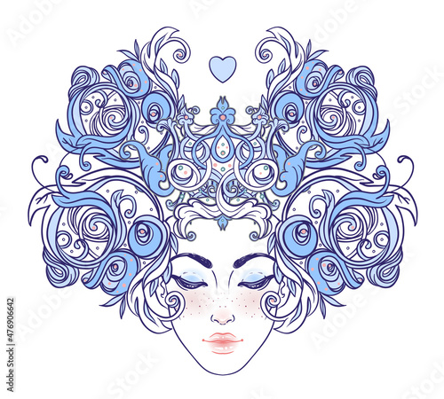 Tribal Fusion Boho Diva. Beautiful Asian divine girl with ornate crown, kokoshnik inspired. Bohemian goddess. Hand drawn elegant illustration. Lotus flower, ethnic art, patterned Indian paisley.