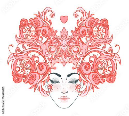 Tribal Fusion Boho Diva. Beautiful Asian divine girl with ornate crown, kokoshnik inspired. Bohemian goddess. Hand drawn elegant illustration. Lotus flower, ethnic art, patterned Indian paisley.