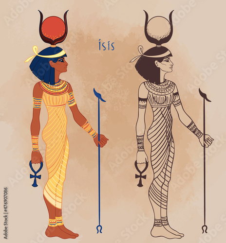 Isis, goddess of life and magic in Egyptian mythology. One of the greatest goddesses of Ancient Egypt, protects women, children, heals sick. Vector illustration over aged background. Standing woman.