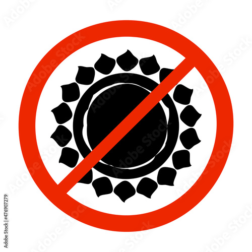 No sun sign isolated on white background. Not allow sunlight prohibited symbol. Stop or ban red round icon with sun. Protect from the sun's rays. Sunscreen protection concept.Stock vector illustration