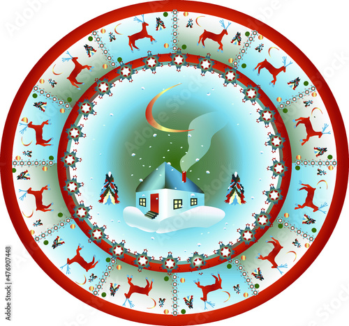 Festive decoration for the table service. Ceramic dish with a deers and snow.