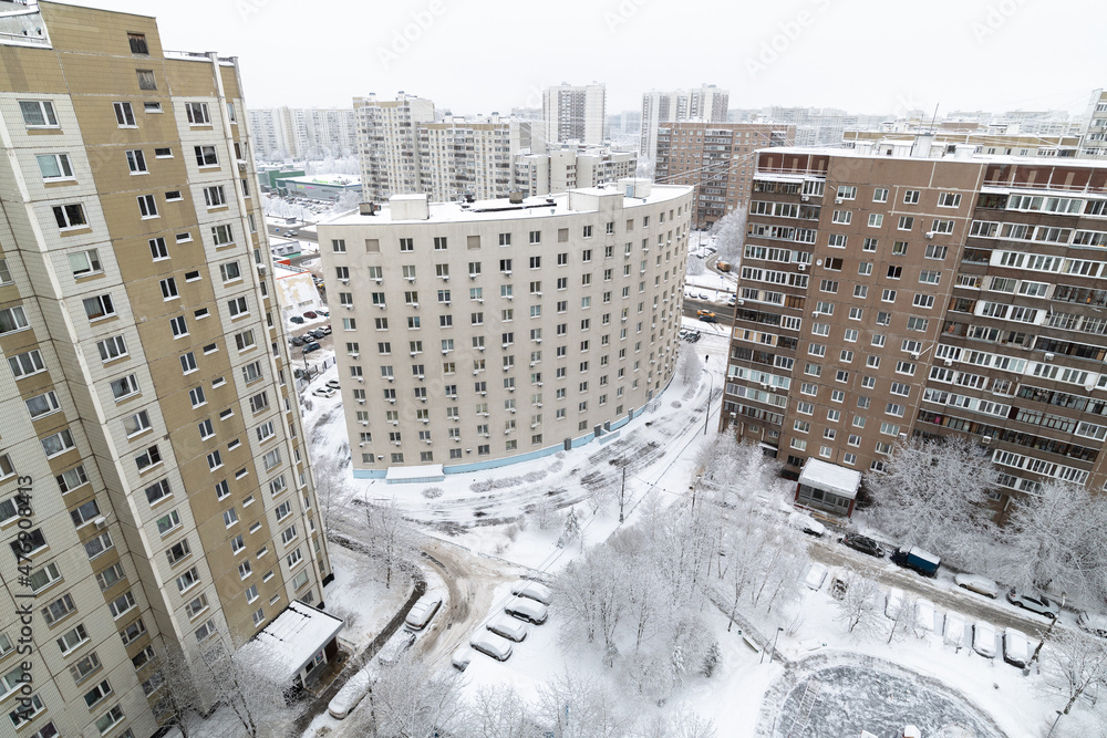 Yard during heavy snow in Moscow, Russia. Top view