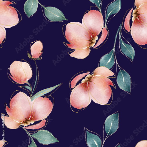 Seamless pattern with red flowers and gold details. Watercolor flowers on a blye background photo