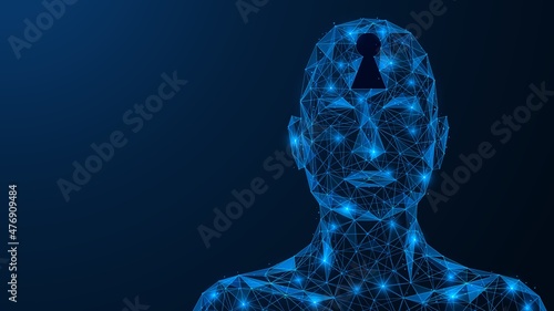 The keyhole in the head. The subconscious of a person. Lock to personal data. Low-poly design of interconnected lines and dots. Blue background.