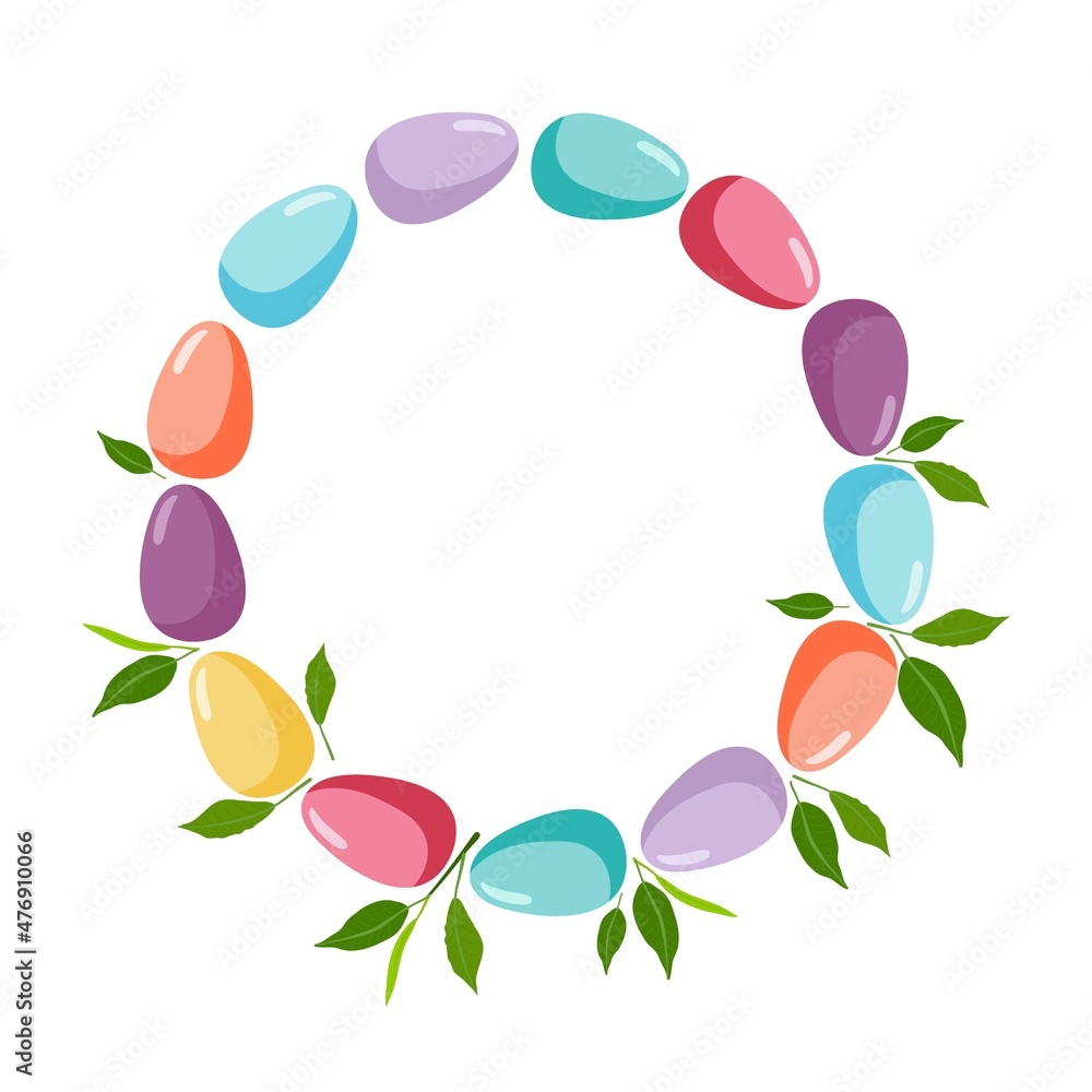 Easter eggs and green leaves Wreath. Frame in pastel colors with copy space for date, photo, text. Easter eggs circle shape. Print for card, family holiday decor, greeting card, banner, invitation Easter eggs and green leaves Wreath. Frame in pastel colors with copy space for date, photo, text. Easter eggs circle shape. Print for card, family holiday decor, greeting card, banner, invitation