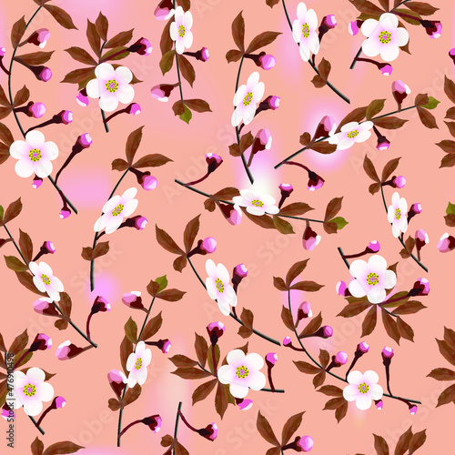 The branches of cherry flower pattern on brown abstract background. Sakura flowers seamless texture