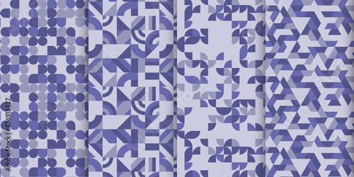 Set of vector seamless pattern with Color of the year 2022 - Very Peri. Geometric patterns collection.