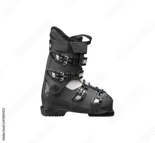 Side view of black ski boot isolated on white background photo