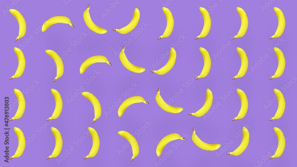 Colorful fruit pattern of fresh yellow bananas on purple background. Seamless pattern with banana. Realistic animation. 4K video motion Colorful fruit pattern of fresh yellow bananas on purple background. Seamless pattern with banana. Realistic animation. 4K video motion