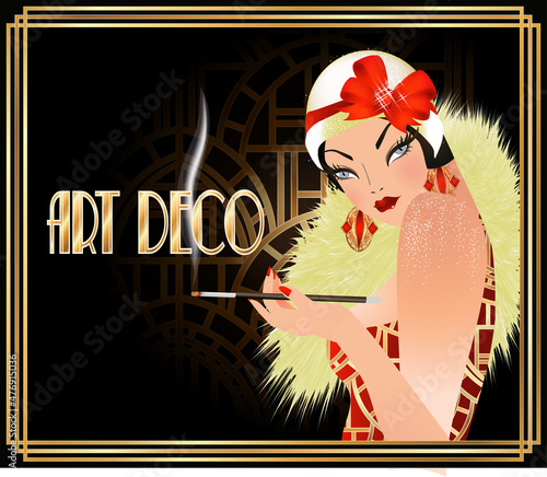Art deco style flapper girl with cigarette. vector illustration