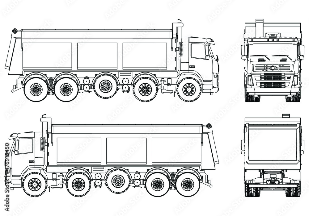 Vector contour Dump truck illustration. Isolated white outline tipper ...