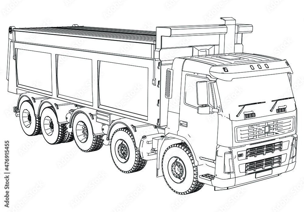Vector contour Dump truck illustration. Isolated white outline tipper ...