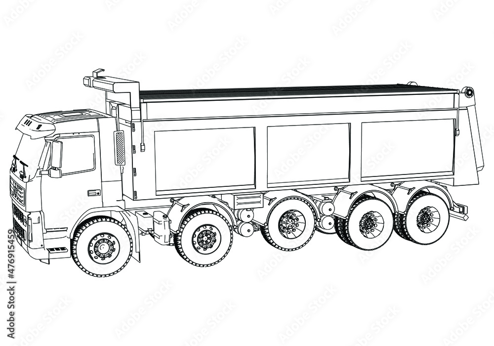Vector contour Dump truck illustration. Isolated white outline tipper ...