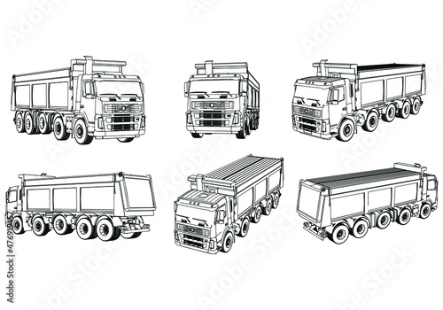 Vector contour Dump truck illustration. Isolated white outline tipper lorry.