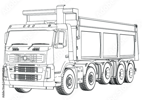 Vector contour Dump truck illustration. Isolated white outline tipper lorry.