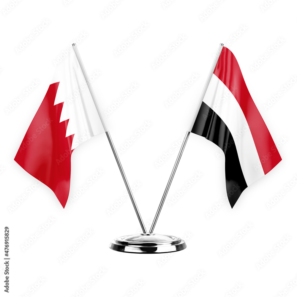 Obraz premium Two table flags isolated on white background 3d illustration, bahrain and yemen