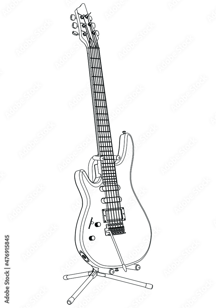 Classical guitar outline vector illustration. String plucked musical instrument. Blues or rock equipment. Isolated on white background